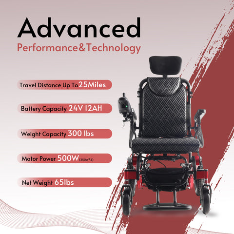 SHAWK Reclining Folding Electric Wheelchair - 330 lbs (Red)