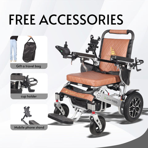 Heavy Duty WOLF Folding Electric Wheelchair (Brown) - 330 lbs Capacity