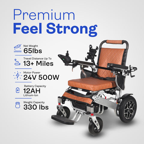 Heavy Duty WOLF Folding Electric Wheelchair (Brown) - 330 lbs Capacity