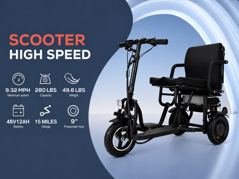 COUGAR - Foldable 3 Wheel Electric Mobility Scooter - Black