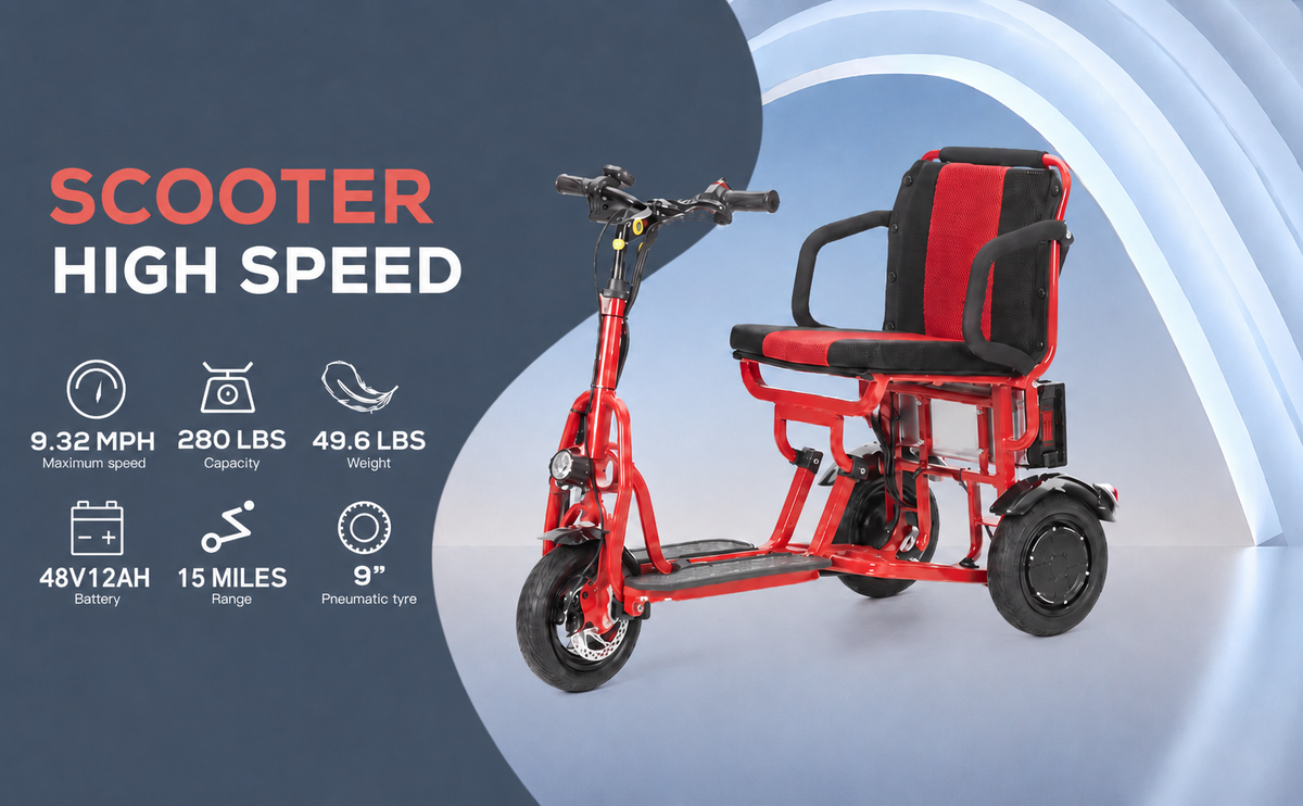 Alton Mobility COUGAR 3-Wheel Folding Mobility Scooter (Red) – 25-Mile Range