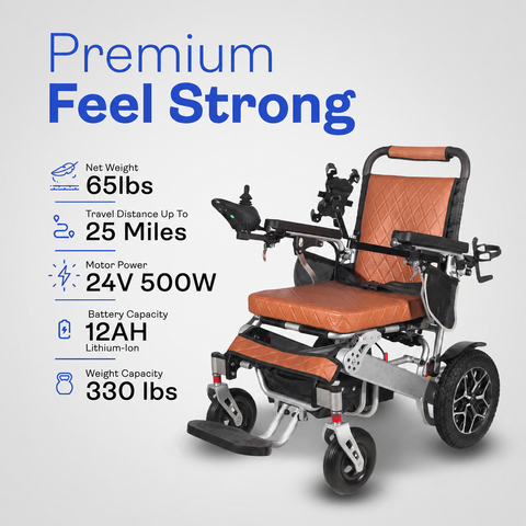 Alton Mobility Heavy Duty WOLF Folding Electric Wheelchair (Brown) - 330 lbs Capacity, 25 Miles Longer Range